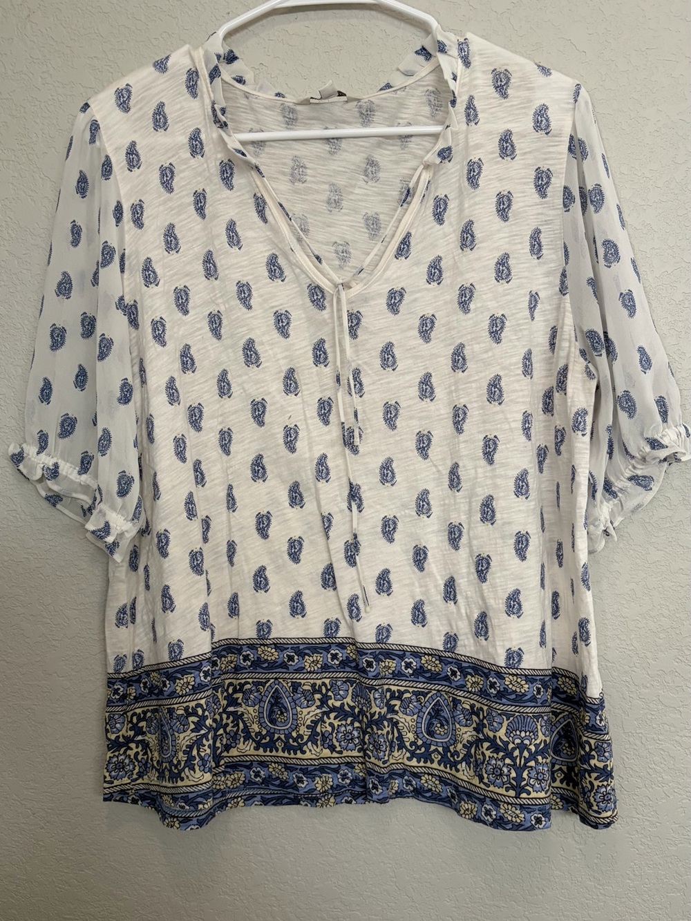 Lucky Brand White and Blue Paisley Border V-Neck Tunic